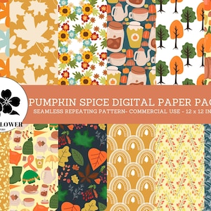 Pumpkin Spice Seamless Digital Papers, Pumpkin Jam and Juices, and Autumn Leaves, Fall Backgrounds, Commercial Use Digital Paper