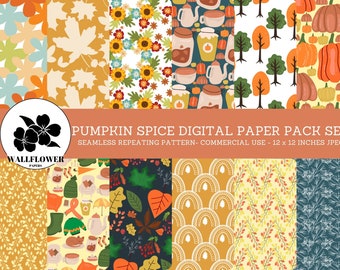 May include: A digital paper pack set with 12 autumn-themed patterns. The patterns feature pumpkins, leaves, coffee cups, and other fall elements. The patterns are seamless and can be used for commercial purposes. Each pattern is 12 x 12 inches.