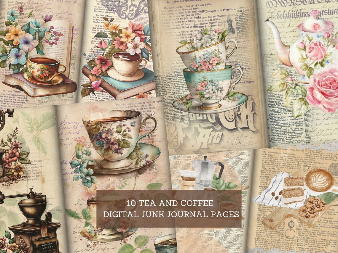 Tea &amp; Coffee Junk Journal Pages, Vintage Mornings Junk Journal Kit ...