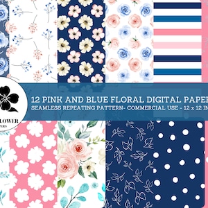 Pink and Blue Floral Seamless Digital Papers, Blue and Pink Flowers, Blue and Pink Backgrounds, Commercial Use Digital Paper
