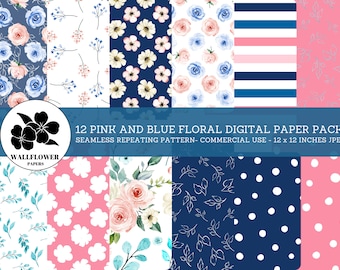 Pink and Blue Floral Seamless Digital Papers, Blue and Pink Flowers, Blue and Pink Backgrounds, Commercial Use Digital Paper