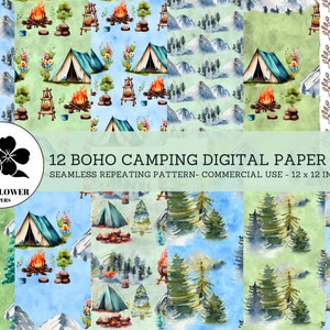 Papéis digitais sem costura Boho Camping, barraca, fogo e montanhas, fundos aquarela, papel digital de uso comercial