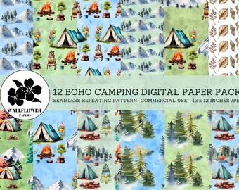 May include: A digital paper pack with 12 seamless patterns featuring watercolor illustrations of camping scenes. The patterns include tents, campfires, mountains, trees, and leaves. The patterns are perfect for scrapbooking, card making, and other crafting projects.