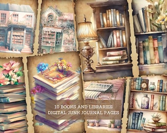 Books  & Libraries Junk Journal Pages, Vintage Bookshelf Reading Junk Journal Kit, Cut Out Sheets, Journal Printable, Digital Collage Paper