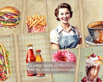 Skräpjournalsidor för retromat från 1950-talet, skräpjournalkit för vintagerestauranger, utklippsark, utskrivbar journal, digitalt collagepapper