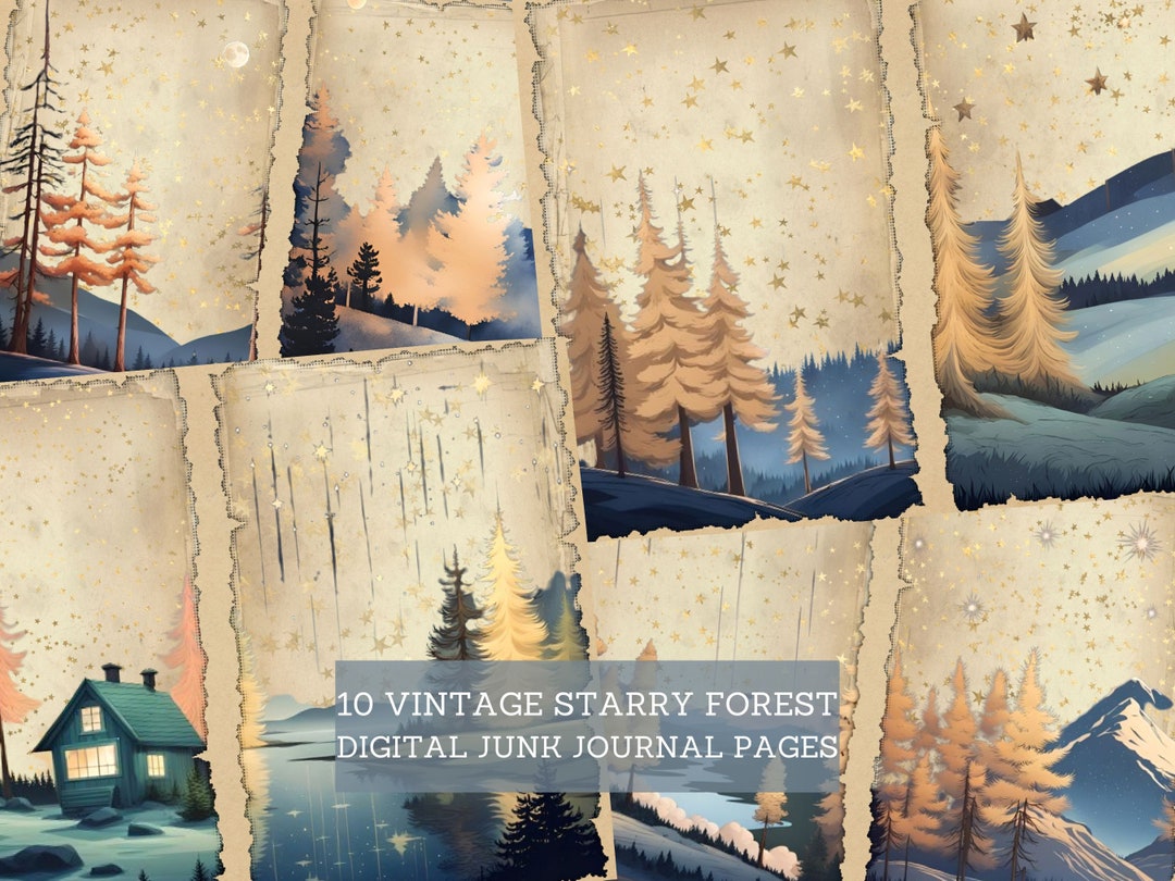 Vintage Starry Forest Junk Journal Pages, Woodland Watercolor Junk ...