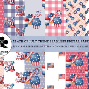 4th of July Seamless Digital Papers, American Flags and Bows, Blue and Red Backgrounds, Commercial Use Digital Paper