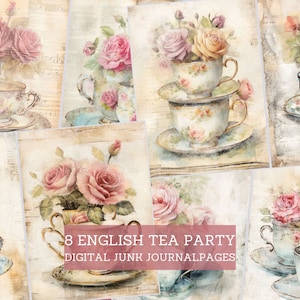 English Tea Party Junk Journal Pages, Teacups & Roses Junk Journal Kit, Textured Printable Papers, Scrapbooking, Floral Cups, DIY Projects