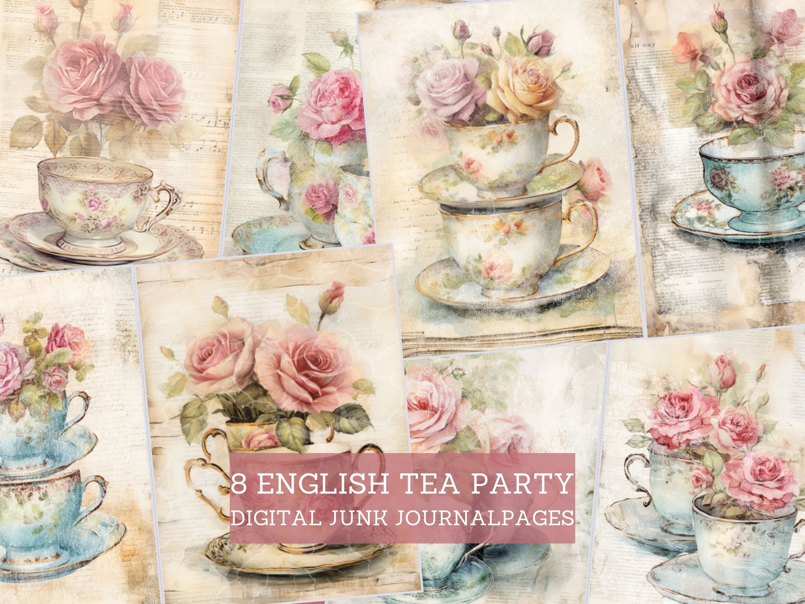 English Tea Party Junk Journal Pages, Teacups & Roses Junk Journal Kit ...