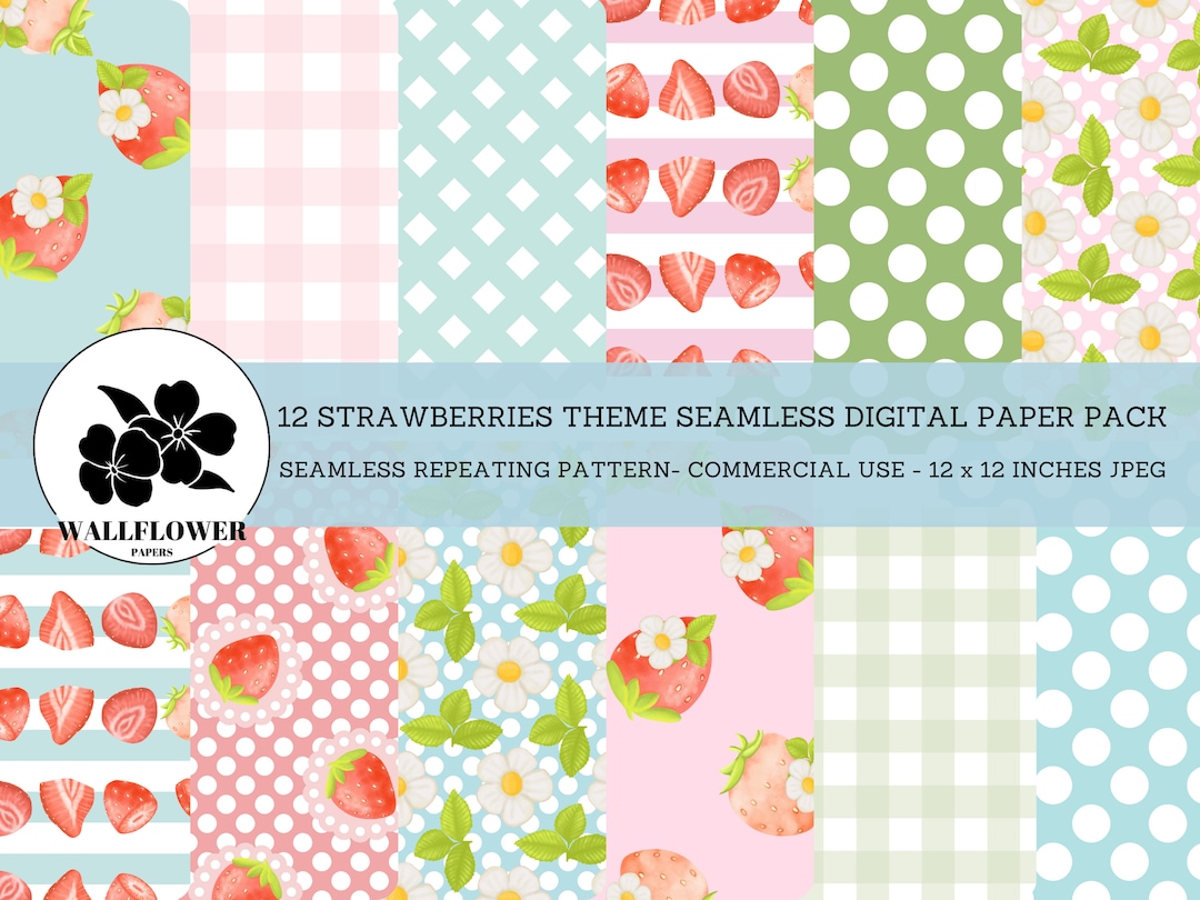 Strawberries Theme Digital Papers, Strawberry Fruit and Blossoms