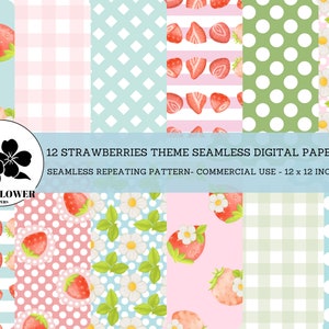 Strawberries Theme Digital Papers, Strawberry Fruit and Blossoms, Summer Picnic, Pink and Blue Backgrounds, Commercial Use Digital Paper