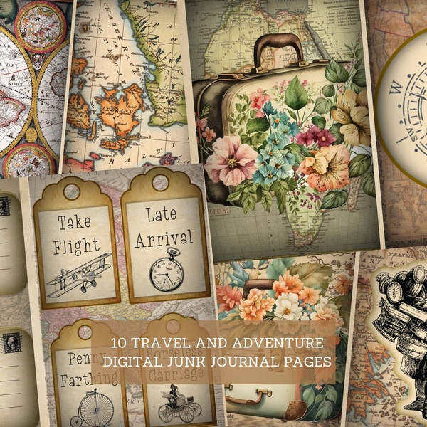 Travel & Adventure Junk Journal Pages, Vintage Travel Junk Journal Kit, Cut Out Sheets, Junk Journal Printable, Digital Collage Paper