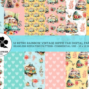 Rainbow Vintage Hippie Car Seamless Digital Papers, Retro Hippie Car & Flowers Vintage Scrapbook Background, Commercial Use Digital Paper
