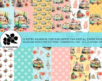 Rainbow Vintage Hippie Car Seamless Digital Papers, Retro Hippie Car & Flowers Vintage Scrapbook Background, Commercial Use Digital Paper