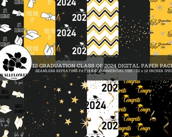 Class of 2024 Graduation Seamless Digital Papers, Black and Gold Theme, Graduation Backgrounds, Commercial Use Digital Paper