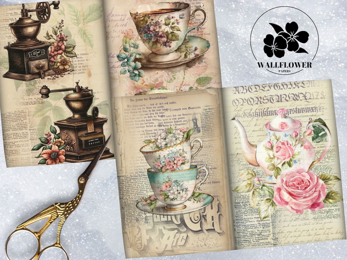 Tea &amp; Coffee Junk Journal Pages, Vintage Mornings Junk Journal Kit ...