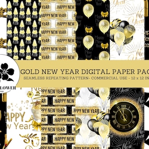 Papéis digitais sem costura dourados de ano novo, tema preto e dourado, fundos de ano novo, papel digital de uso comercial