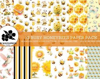 Cute Busy Honeybees Seamless Digital Papers, Beehive, Flowers & Cute Bee Kids Scrapbook Paper, Bee Backgrounds, Commercial Use Digital Paper
