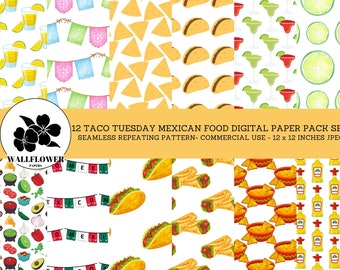 Taco Tuesday Mexican Food Seamless Digital Papers, Tacos & Chilaquiles, Fonds mexicains, Papier numérique à usage commercial