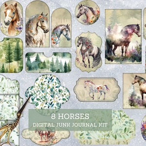 Kit diario spazzatura cavalli acquerello, fogli ritagliati foresta vintage, etichette stampabili diario spazzatura, carta collage digitale, kit Ephemera