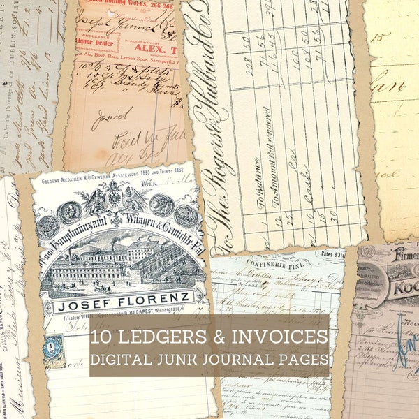 Vintage Ledgers & Invoices Junk Journal Pages, Old Receipts Junk Journal Kit, Cut Out Sheets, Junk Journal Printable, Digital Collage Paper