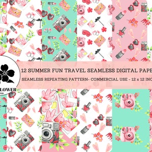 May include: A collection of 12 seamless digital paper patterns with a summer travel theme. Each pattern features watercolor illustrations of cameras, sunglasses, lipstick, and flowers. The patterns are 12 x 12 inches JPEG files.