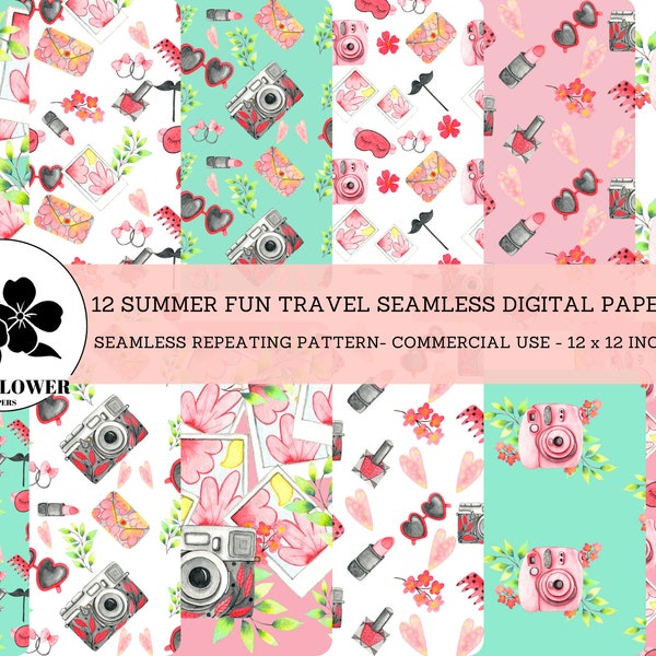 Summer Fun Travel Seamless Digital Papers, Cameras and Sunglasses, Pink and Seafoam Green Backgrounds, Commercial Use Digital Paper