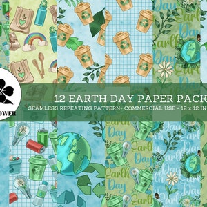 Earth Day Nahtlose digitale Papiere, Abfallbehälter, wiederverwendbare Becher und Utensilien, Recyclingpapiere, umweltfreundliches digitales Papier für kommerzielle Nutzung