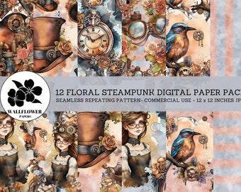 Floral Steampunk Seamless Digital Papers, Watches & Birds Scrapbook Paper, Watercolor Backgrounds, Commercial Use Digital Paper