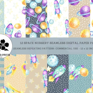 Space Nursery Seamless Digital Papers, Planets & Stars, Nursery Baby Boy Backgrounds, Commercial Use Digital Paper