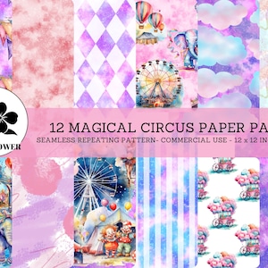 Magical Circus Seamless Digital Papers, Watercolor Carnival, Ferris Wheel, and Horses, Watercolor Backgrounds, Commercial Use Digital Paper