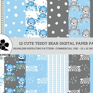 Nursery Seamless Digital Papers, Blue Teddy Bear & Rainbows, Nursery Baby Boy Backgrounds, Commercial Use Digital Paper