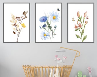 Boho Nursery Wall Art, Wildflower Nursery Decor, Floral Nursery, Girl Nursery Decor, vintage flower nursery, Botanical Print set, home decor