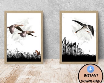 Ducks Hunting Wall Art, Upland Hunting decor, Goose Hunting Nursery art, Wall Prints for Boys Room, Mallard Duck Nursery, Set of two prints
