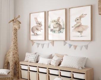 Set of 3 Ballerina Bunny Print Nursery Ballet Bunny Print Bunny Wall Decor Nursery Ballerina Print Blush Pink Baby Girl New Mom Shower Gift