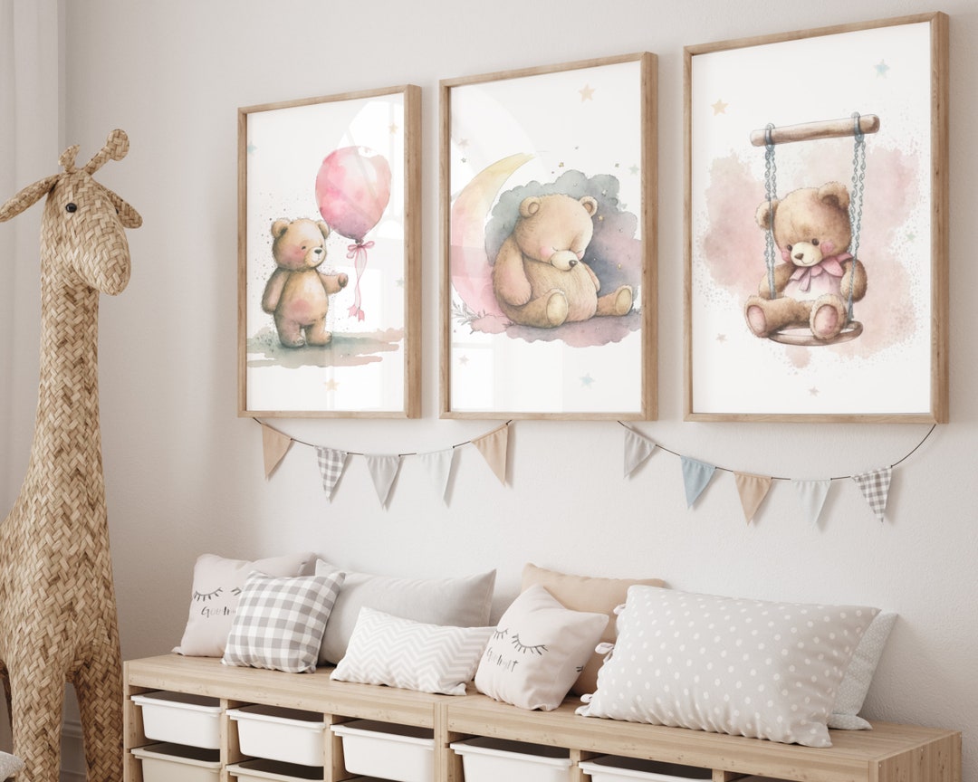 Set of 3 Teddy Bear Print, Balloon Nursery Wall Decor, Bear Nursery ...