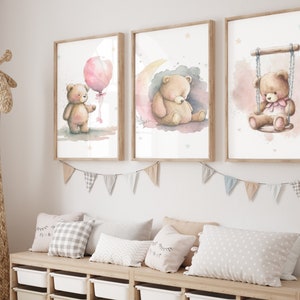 3er Set Teddybär Druck, Ballon Kinderzimmer Wanddekor, Bär Kinderzimmer Dekor, Baby Mädchen Druck, neues Baby druckbar, Teddybär Poster, Mond Stern