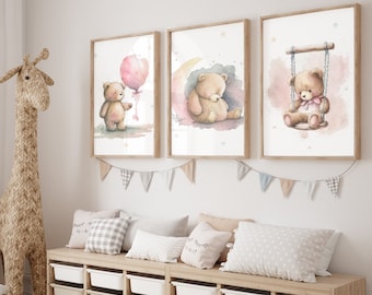 Set of 3 Teddy Bear Print, Balloon Nursery Wall Decor, Bear Nursery Decor, Baby Girl Print, New Baby Printable, Teddy Bear Poster, Moon Star