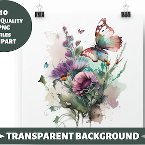 Aquarell Blumen Schmetterling Clipart, 10 hochwertige PNGs mit TRANSPARENTEM Hintergrund, Kartenherstellung, Clip Art, digitales Papiermodell