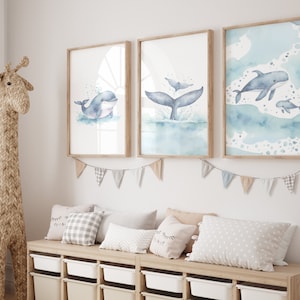 Set of 3 ocean nursery prints, Nautical Ocean nursery, Blue Whale print, Whale nursery decor, Ocean theme nursery decor, Orca, Watercolor