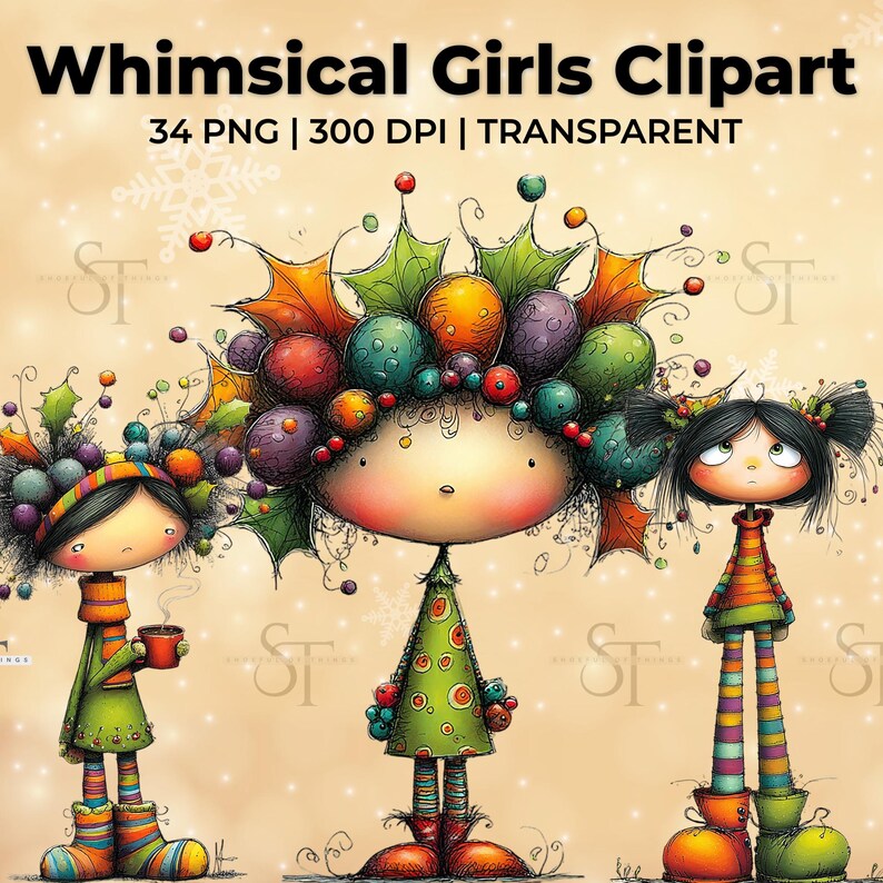 Whimsical Girls Clipart Set | 34 PNG Sweet Girl Illustrations | 300 DPI ...