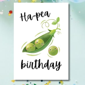 Ha-Pea Birthday Card – Cute Funny Peas in a Pod Pun Greeting Card – Kawaii Vegetable Card – Printable or Physical Card for Kids & Adults