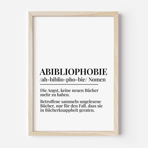 Leseliebhaber Geschenk Lustige Definition Abibliophobie Wörterbuch Kunstwerk Typografie Poster sw Haus Dekoration Sofort Digitaler Download
