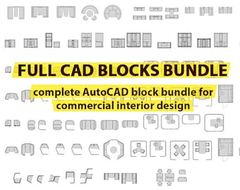 May include: A collection of black and white AutoCAD blocks for commercial interior design. The blocks include furniture, fixtures, and other common interior design elements.  FULL CAD BLOCKS BUNDLE complete AutoCAD block bundle for commercial interior design