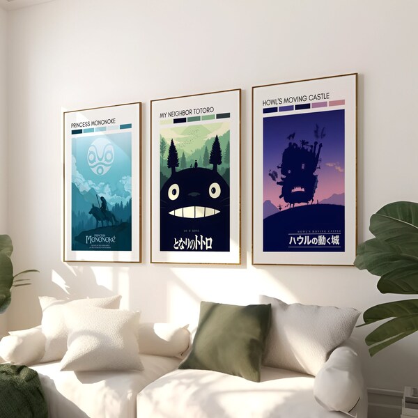 Set of 3 Studio Ghibli Poster, Princess Mononoke Poster, Studio Ghibli poster, totoro movie print, Howl moving castle, DIGITAL DOWNLOAD