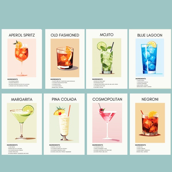 Set of 8 Cocktail Poster, Minimalist Classic Cocktails, Bar Cart Prints, Digital Download, Bar Cart Art, Cocktail retro posters