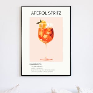 Aperol Spritz Retro Cocktail Print, Minimalist Classic Cocktails, Bar Cart Prints, Alcohol Print, Digital Download, Bar Cart Art