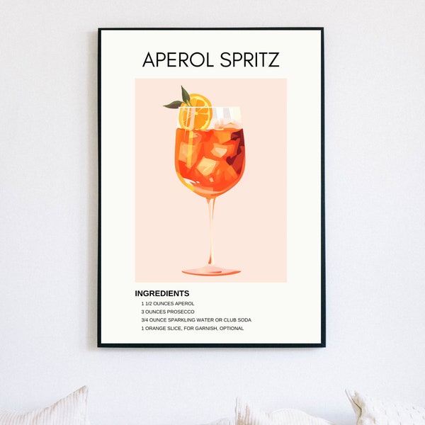 Aperol Spritz Retro Cocktail Print, Minimalist Classic Cocktails, Bar Cart Prints, Alcohol Print, Digital Download, Bar Cart Art