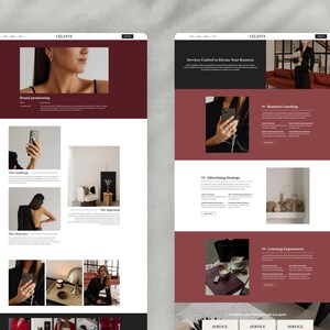 Pode incluir: Duas maquetes de sites com um esquema de cores bord&ocirc; e branco. A parte superior do site apresenta a palavra "CELESTE". O site inclui imagens e texto. O conte&uacute;do do site inclui as palavras "Brand positioning", "The Challenge" e "The Outcome".