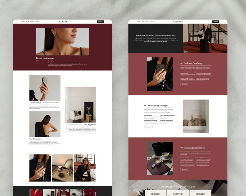 Pode incluir: Duas maquetes de sites com um esquema de cores bord&ocirc; e branco. A parte superior do site apresenta a palavra "CELESTE". O site inclui imagens e texto. O conte&uacute;do do site inclui as palavras "Brand positioning", "The Challenge" e "The Outcome".